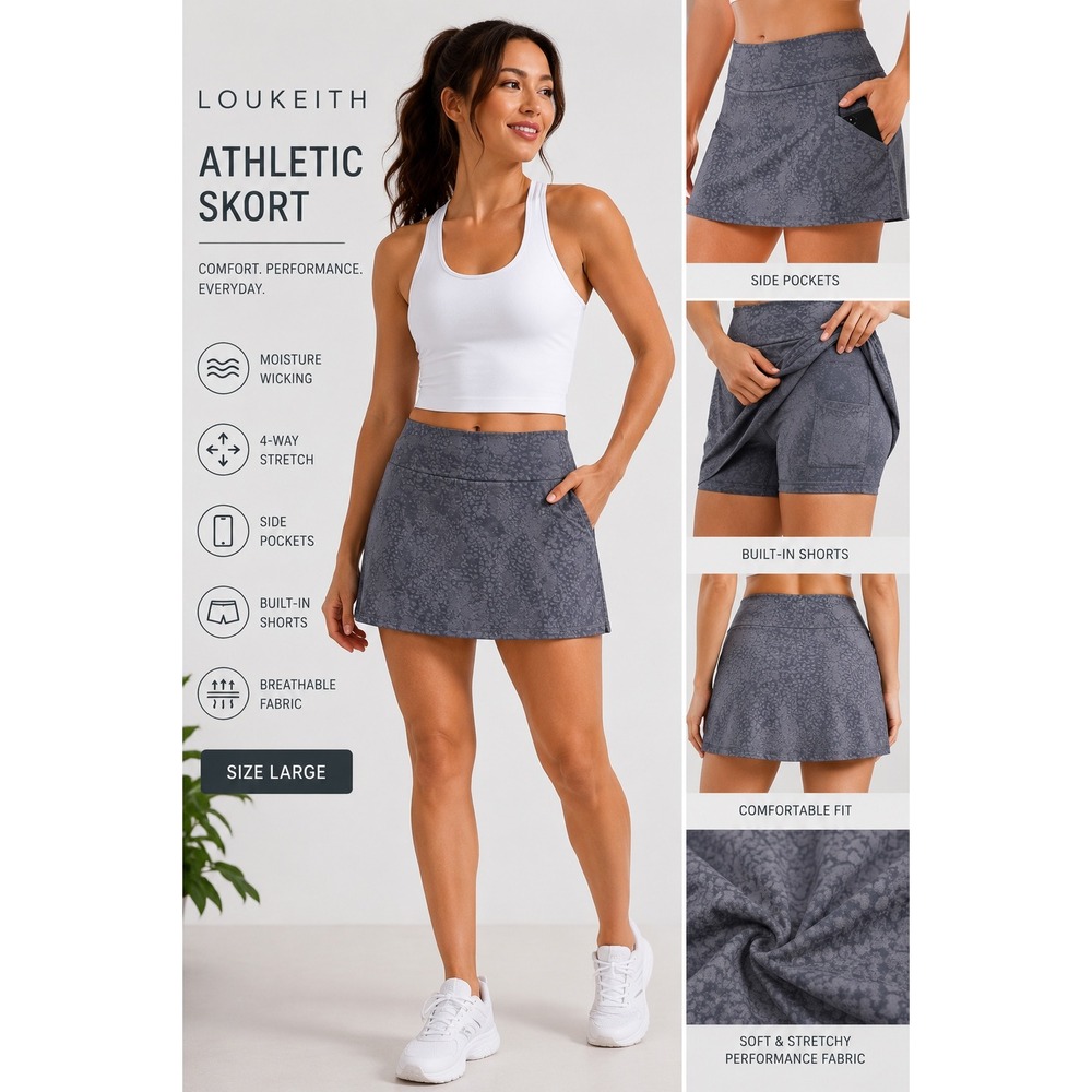 Loukeith Womens Athletic Skort Grey Animal Print Tennis Golf Skirt‎ Size Large